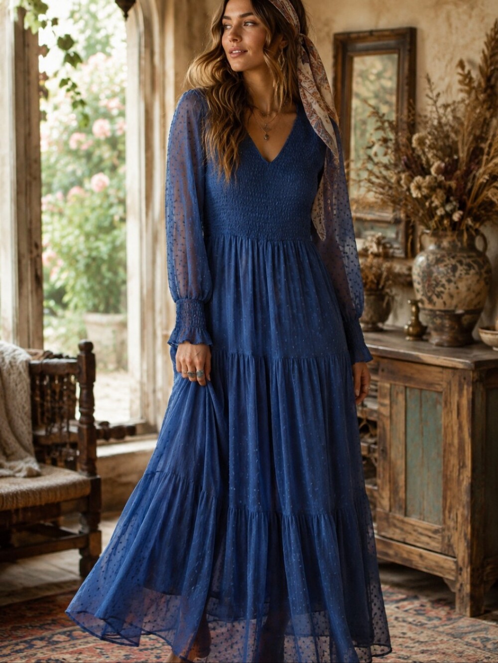 Milkmaid navy Swiss dot long sleeve smocked Bust flowy Bohemian Maxi dress sz M